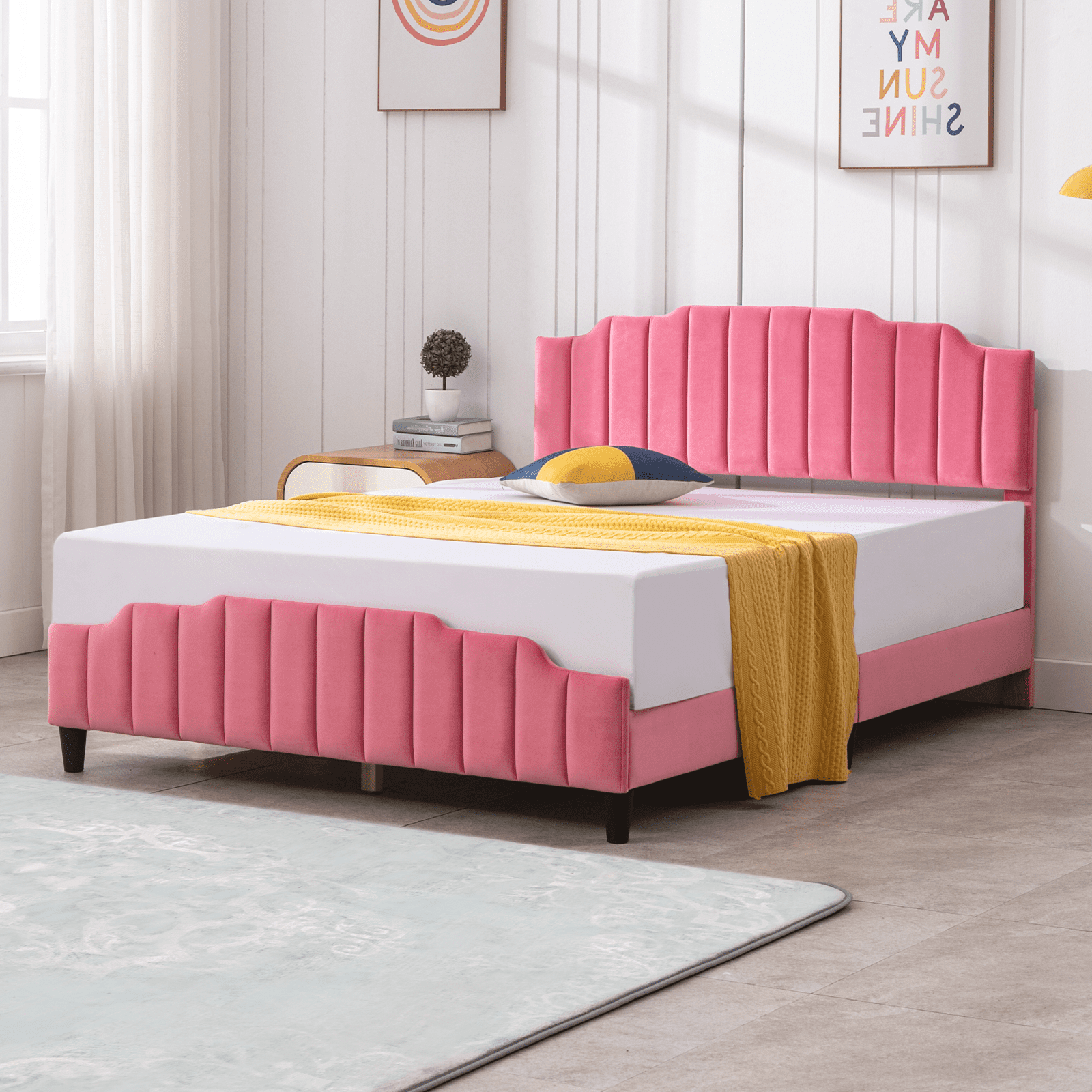 Mjkone Twin Size Kids Bed Frame with Curved Upholstered Headboard