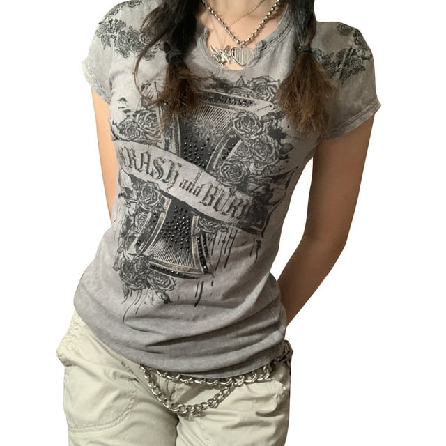 Fortune Women Punk T-Shirts, Short Sleeve Retro Floral Print Street Tops Slim Fit Tees