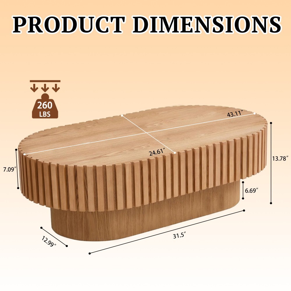 Oval Coffee Table, Mid Century Modern Fluted Coffee Table with Pedestal, Natural Wood Center Table for Living Room, Apartment, Office, Small Space