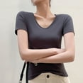 thumbnail image 2 of Olyvenn Basic Womens V Neck Short Sleeve T Shirt Slim Fit Tees 2025 Summer Y2k Going Out Fitted Tops Sexy Tight Shirts Dark Gray S, 2 of 3
