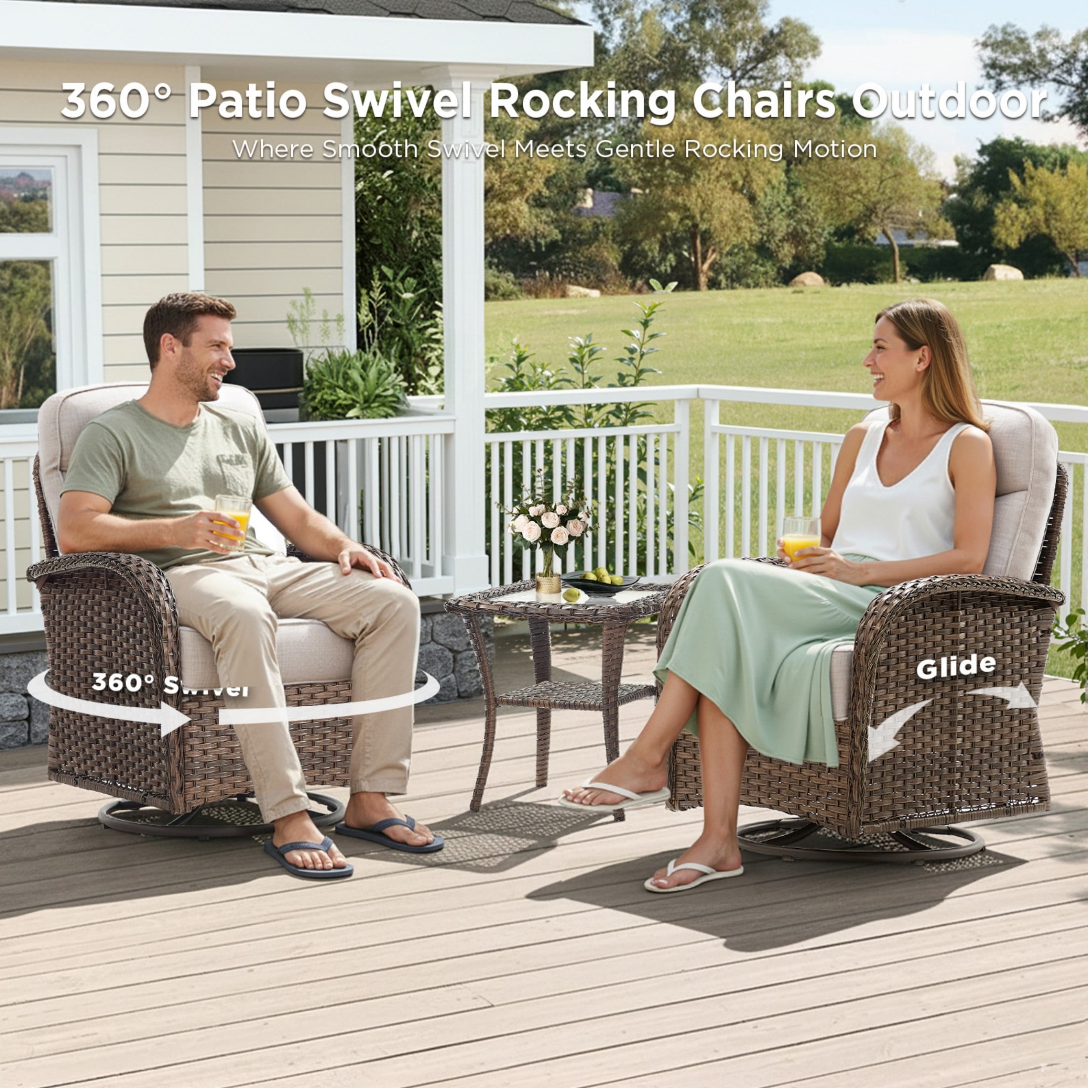 Unnifurnzi 5 Pieces Patio Furniture Set-6'' Thick Cushions Outdoor Furniture with Swivel Rocker Chairs Outdoor Couch and Ottomans Wicker Patio Furniture for Deck Porch Garden Poolside-Brown/Beige