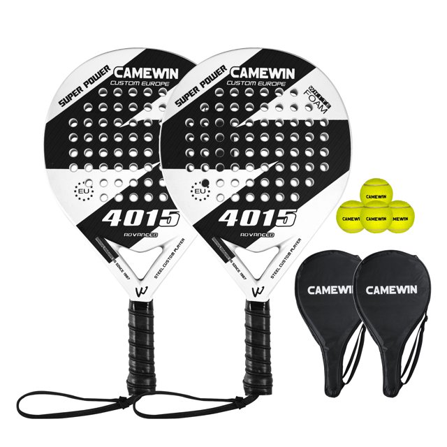 CAMEWIN 2 Palas de Pádel con Fundas, 2 Raquetas y 4 Pelotas,Kit de Raquetas para Pádel Fabricadas 100% Fibra de Carbono y Núcleo de Espuma Flexible de Memoria EVA, para Principiantes e Intermedios