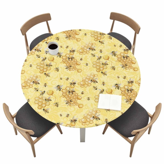 Summer Bees Fitted Tablecloth with Elastic Edged, Round Table Cloth for Dining Table, Pastoral Garden Yellow Honey Watercolor Waterproof Oil Proof Table Cover for Indoor Outdoor 55"-60"