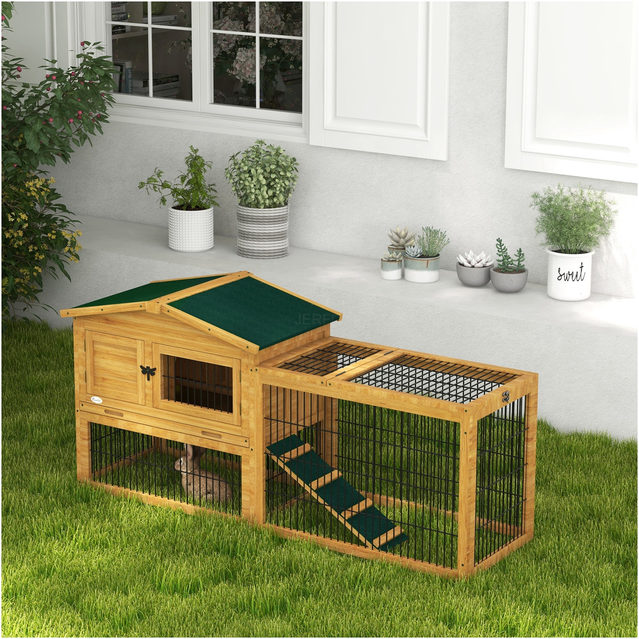 JERFIT 59 Inch Large 2-Story Outdoor Rabbit Hutch with Openable Roof & Removable Tray, Weatherproof Wooden Bunny Cage with Ramp, Yellow