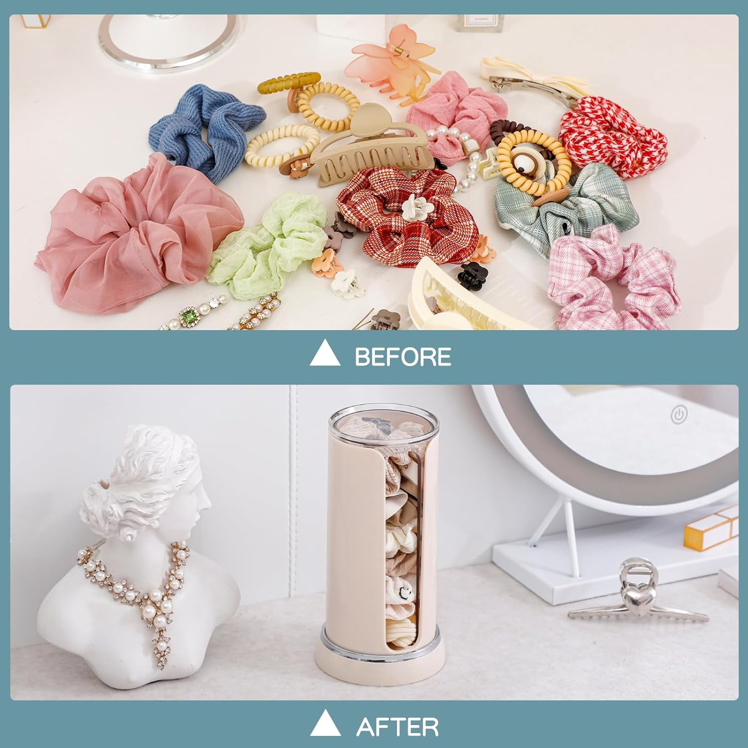 ABCISI Plastic Portable Scrunchie Holder, Double-Barrel Scrunchie Organizer - Clear Portable Hair Tie & Cotton Pads Holder for Bathroom & Travel​.（Cream-1PC）