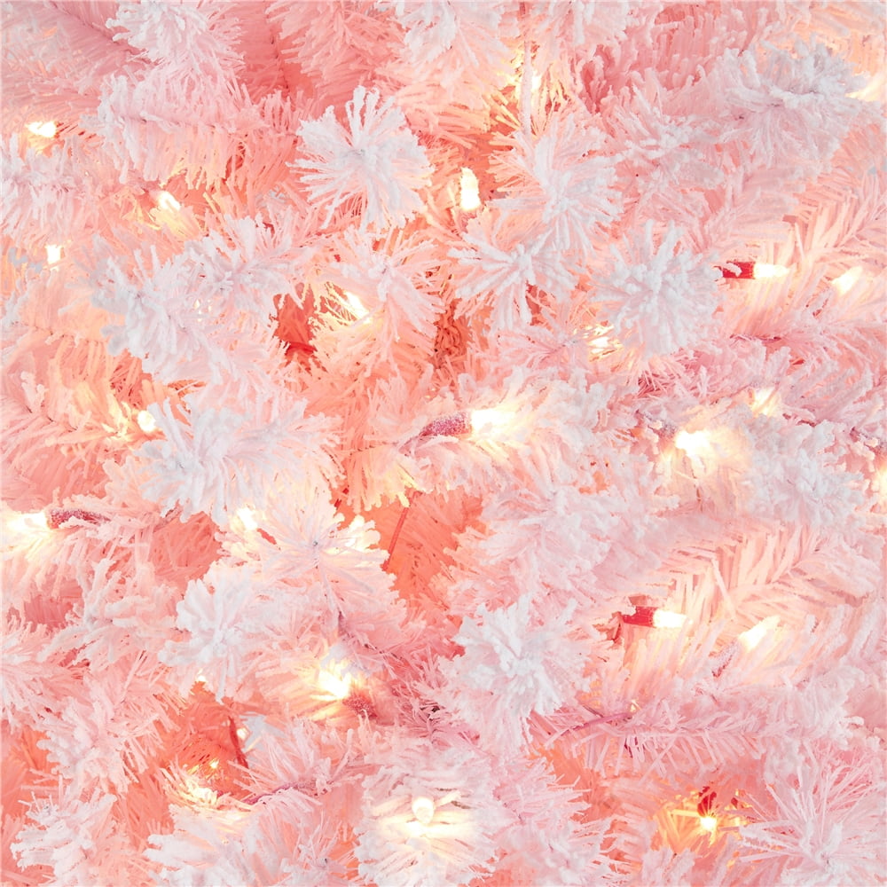 Alden Design 7.5 Ft Pre-lit Flocked Christmas Tree with Warm Lights, Pink