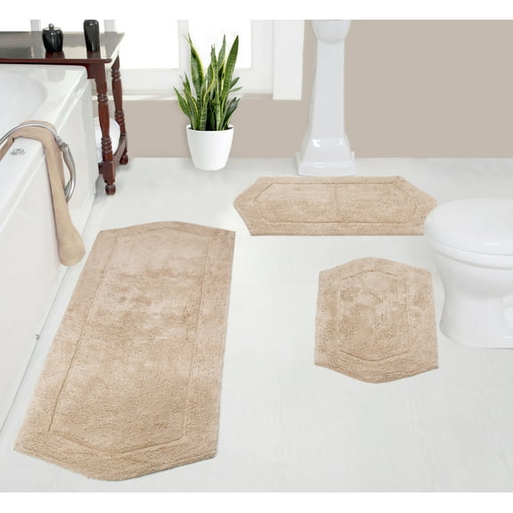 Home Weavers Waterford Collection 100% Cotton Non-Slip Bathroom Rug Set Machine Washable Bathroom Rug-17"x24", Bath Rug- 21"x34", Runner- 22"x60", Linen Color 3 Piece Bath rug set