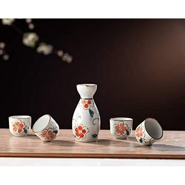 TJ Global 5Piece Sake Set, Durable Ceramic Japanese Sake Set with 1 Carafe/Decanter/Tokkuri