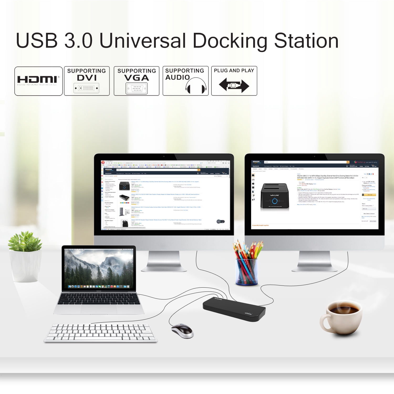WAVLINK USB 3.0 and USB C Universal Laptop Docking Station Dual Monitor with HDMI & DVI/VGA with Gigabit Ethernet, 6 USB Ports, Audio for Laptop, Ultrabook and PCs, Compatible with MacBook Neo