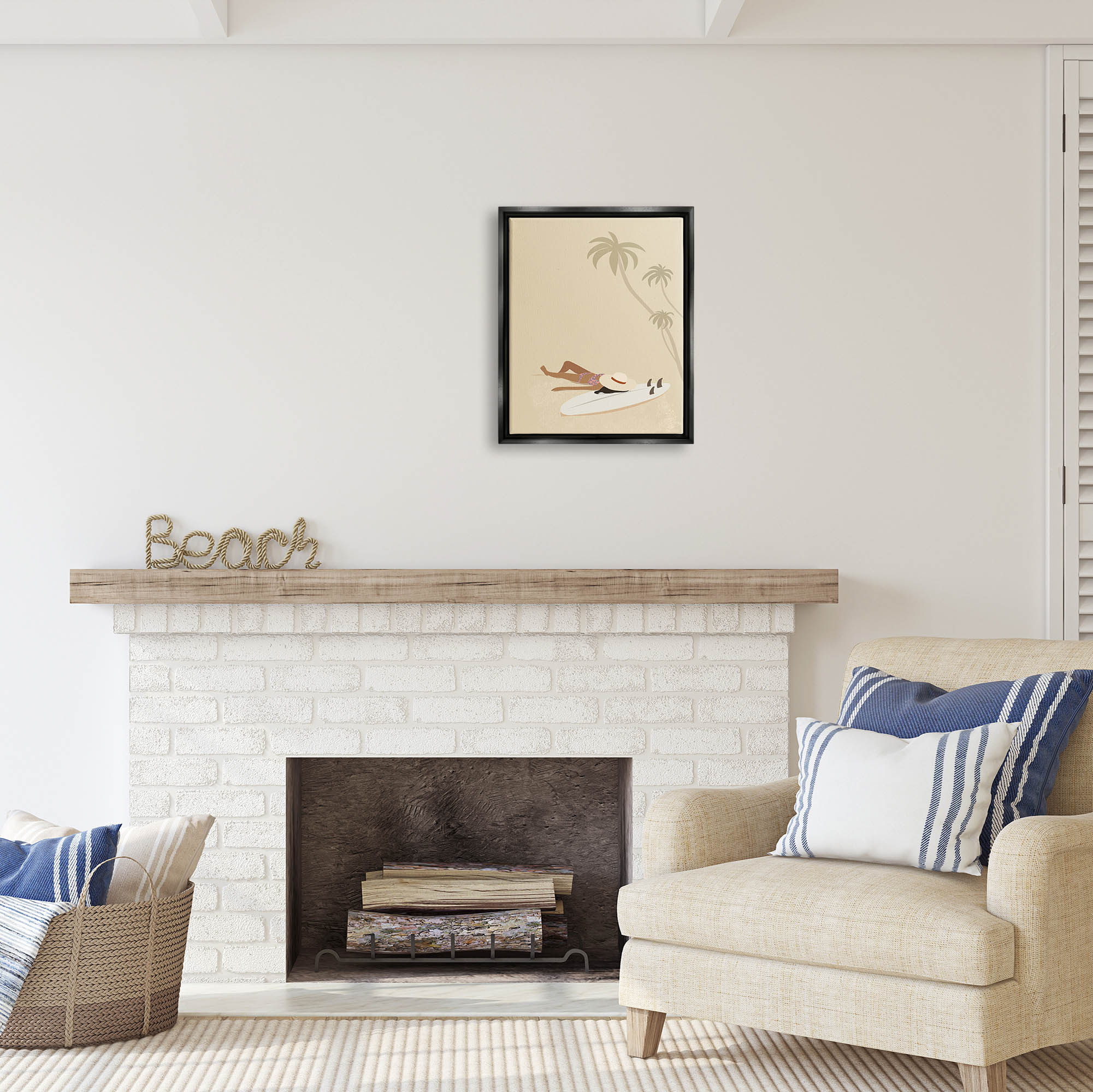 Stupell Industries Beige Summer Sunbathing Girl Coastal Painting Black Floater Framed Art Print Wall Art