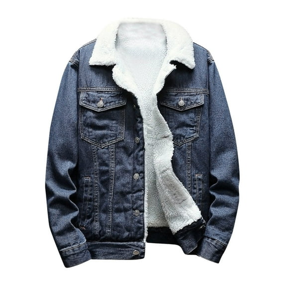 DxhmoneyHX Clearance Men's Fleece Jean Jacket Winter Cotton Sherpa Lined Denim Trucker Coat Winter Warm Single Breasted Stand Collar Jean Jacket
