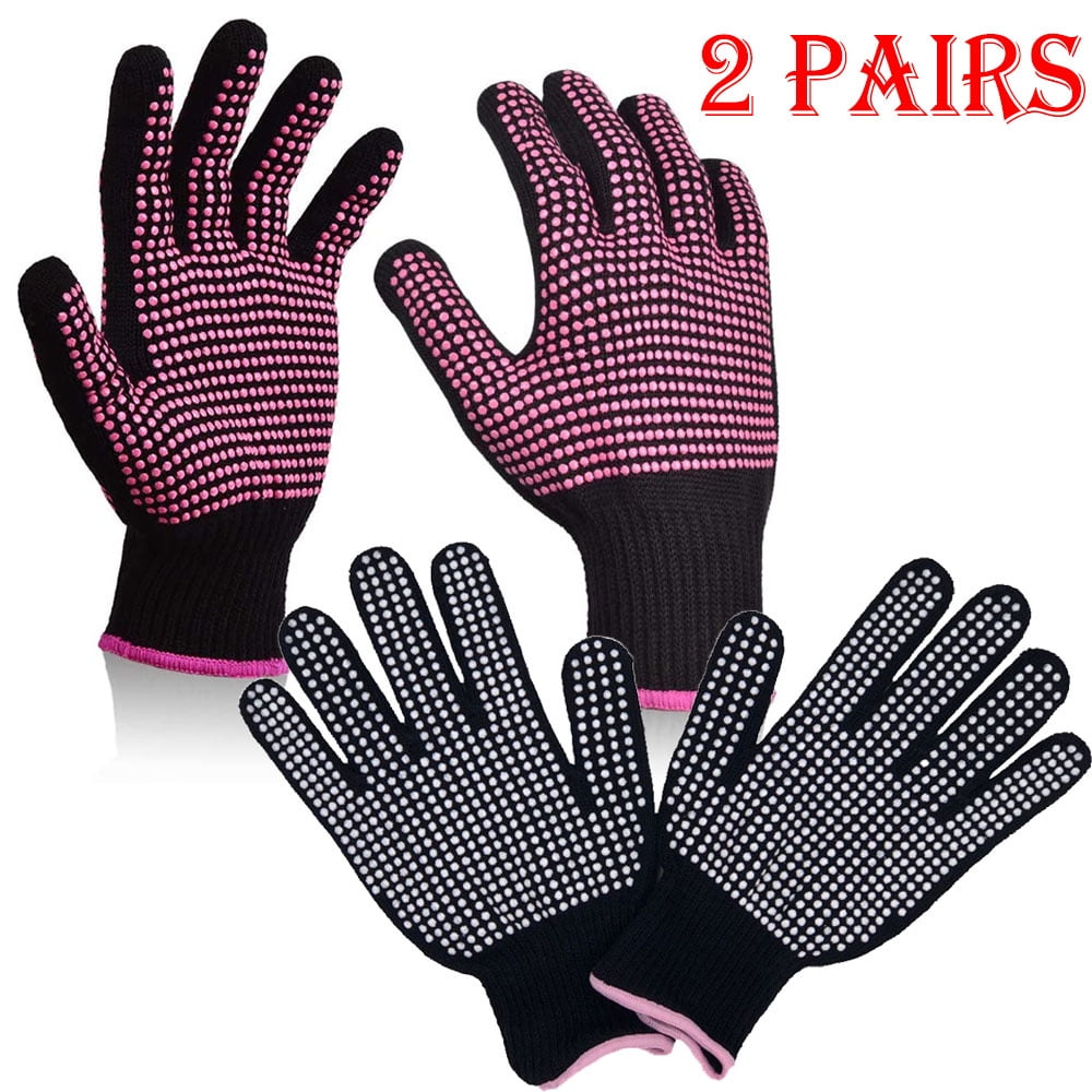 Dicasser Heat Resistant Gloves with Silicone Bumps, 2Pairs Professional Heat Proof Glove Mitts for Hair Styling Curling Iron(Rose Red,White)