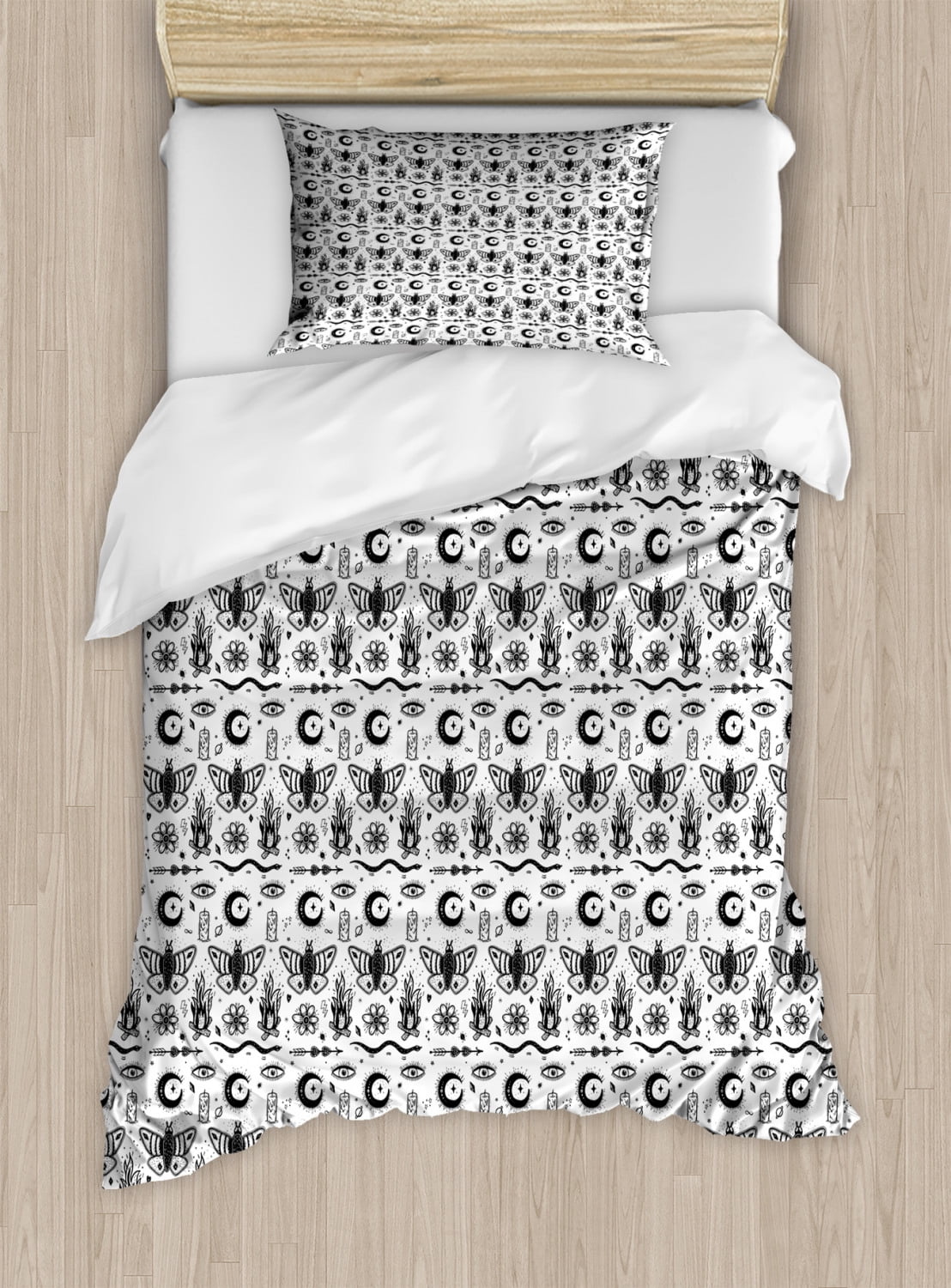 Magic Moon Duvet Cover Set Twin Size, Repeating Monochrome Mystical Eye