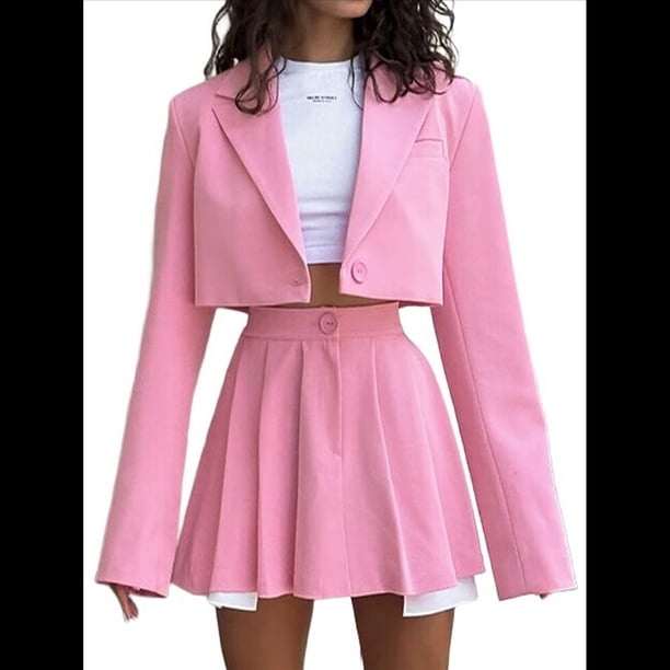 Conjunto de 2 Piezas para Mujer, Chaqueta y Falda Corta, Cuello de Solapa, Informal, Larga, Botones, para Oficina, Otoño Rosa M