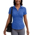 thumbnail image 6 of Women's Basic Button Down Shirts Short Sleeve Stretch Button Up Dress Shirt Slim Fit Waitress Work Shirts Blue L, 6 of 6