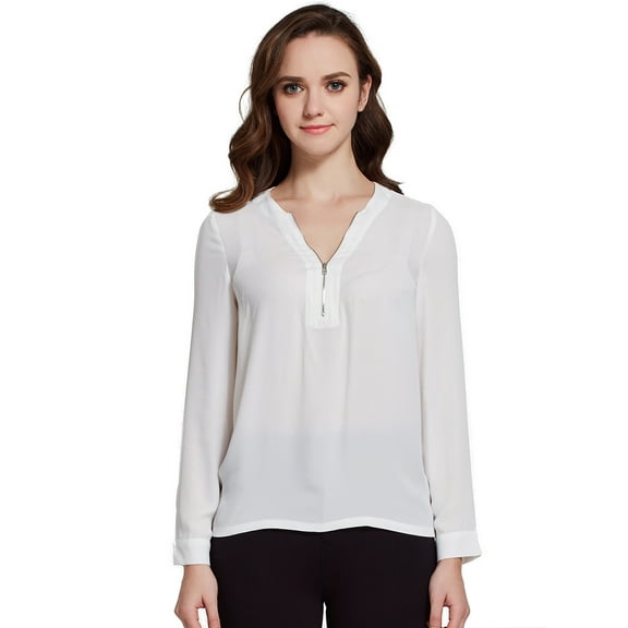 Camii Mia Womens T-shirts Long Sleeve Zipper V-neck White Shirts