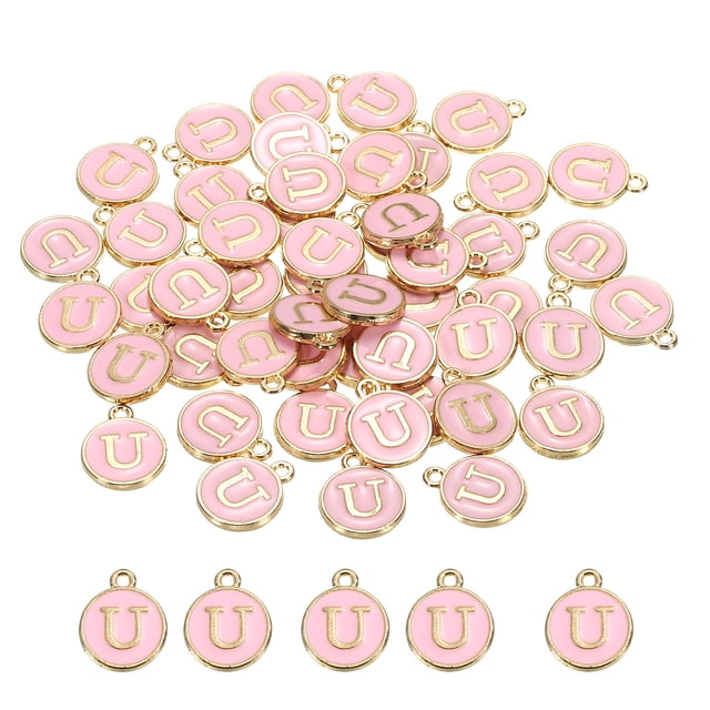 Alfabeto U Letra Dije Doble Cara Esmalte Inicial Alfabeto Colgante Rosa, para Collar Pulseras Pendientes Joyas Fabricación, Paquete de 50