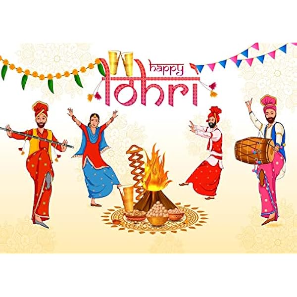wonima44 CORFOTO 8x6ft Fabric Happy Lohri Festival Backdrop Cartoon Indian People Punjabi Religious Holiday Background for Harvesting Festival Party Decorations Banner Kids Adults Photo Props