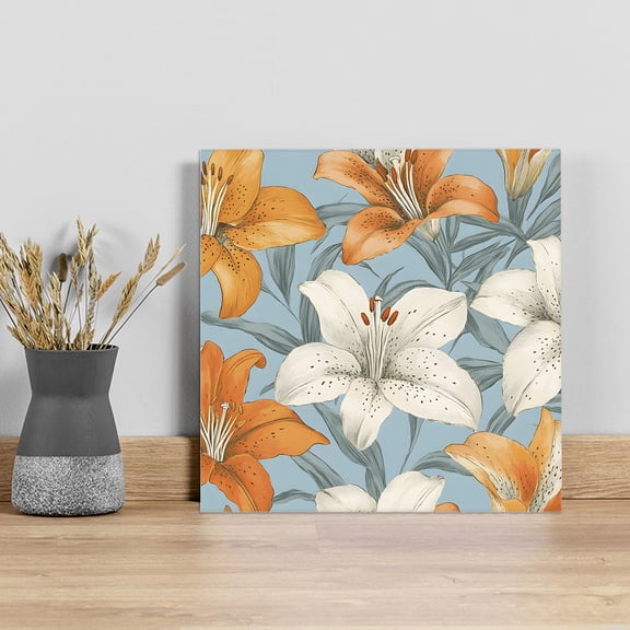 Lily Flower Wall Art Painting on Canvas, White Orange Blooms Floral Watercolor Blue Canvas Art Home Prints Wall Art Framed Modern Artwork for Living Room Bedroom Wall Decor 8x8in