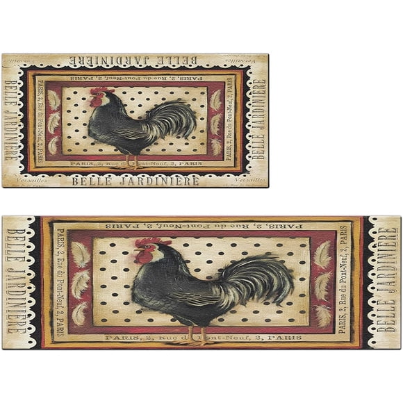 Rooster Kitchen Rugs Farmhouse Style Kitchen Mats for Floor Anti Fatigue Memory Foam Kitchen Mat Cushioned PVC Leather Kitchen Rug Set, Beige 17.3x28+17.3x47 inch