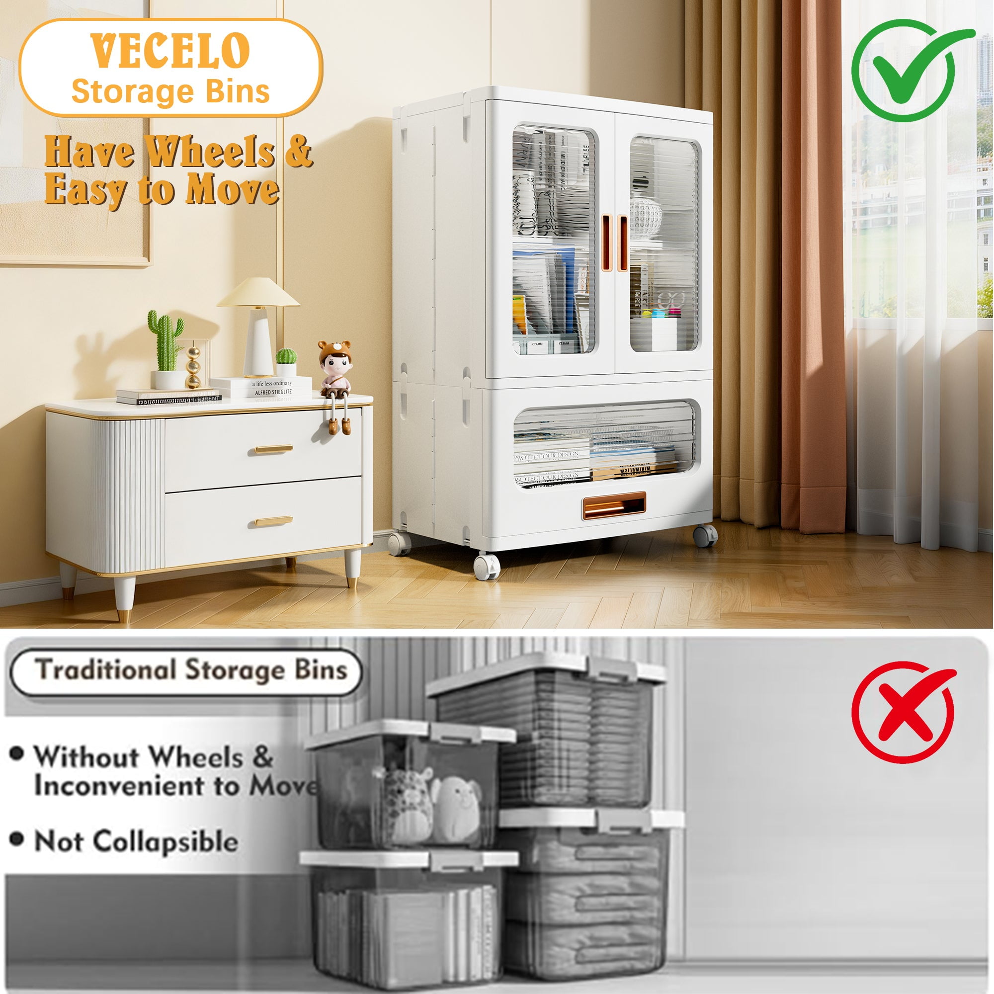 VECELO Stackable 1-Pack Storage Bins with Drawer, Storage Organizer with Wheels and Dual Door, Plastic Closet Collapsible Storage Bins for Home, Office and Dorm, White