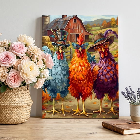 Colored Roosters Canvas Wall Art, Abstract Hat Sunglasses Rooster Farmhouse Barn Framed Canvas Wall Decor Picture Print Artwork Decorations for Living Room Office Ready to Hang 14" x 11"