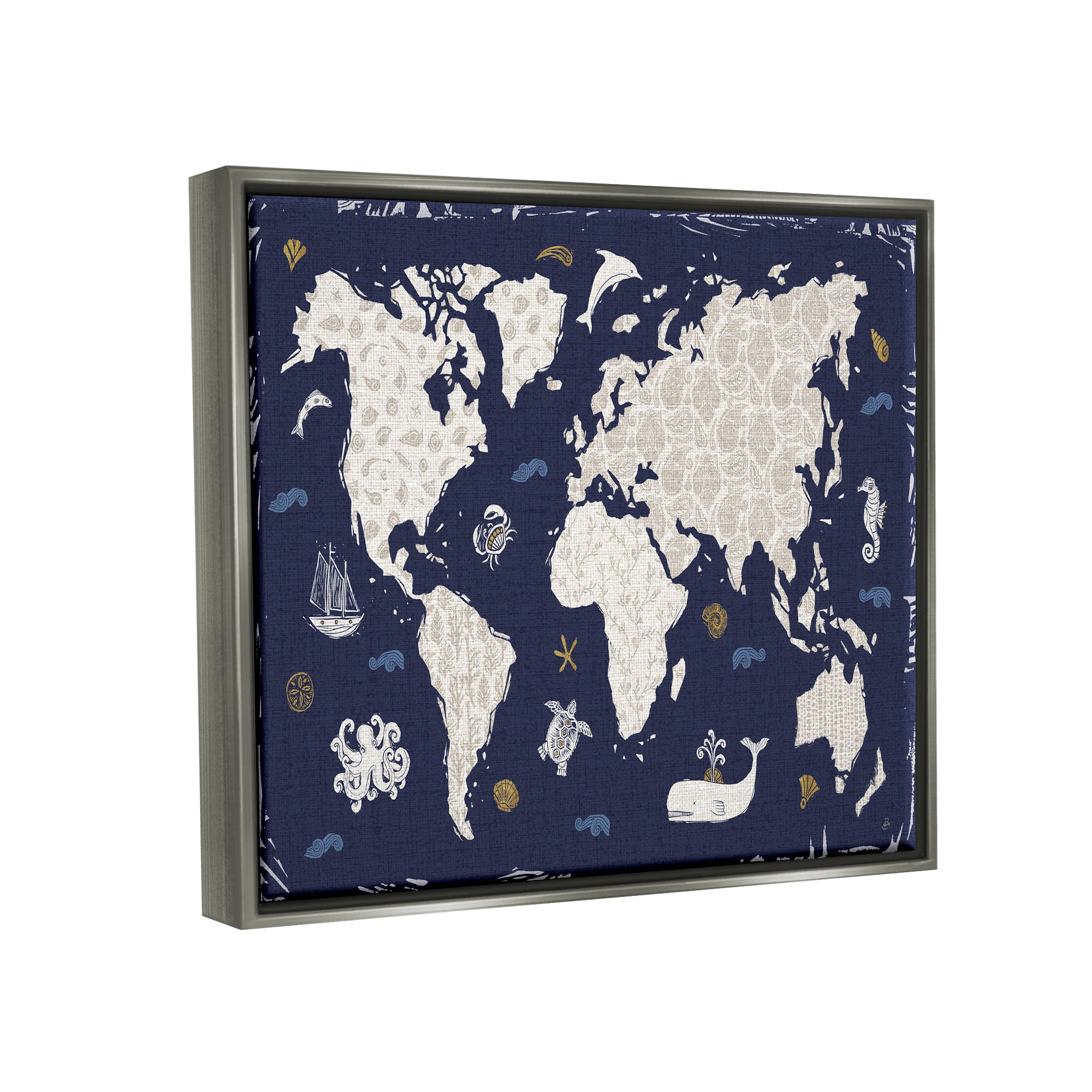 Stupell Industries Blue Patterned World Map Animals & Insects Painting Gray Floater Framed Art Print Wall Art, 31 x 25