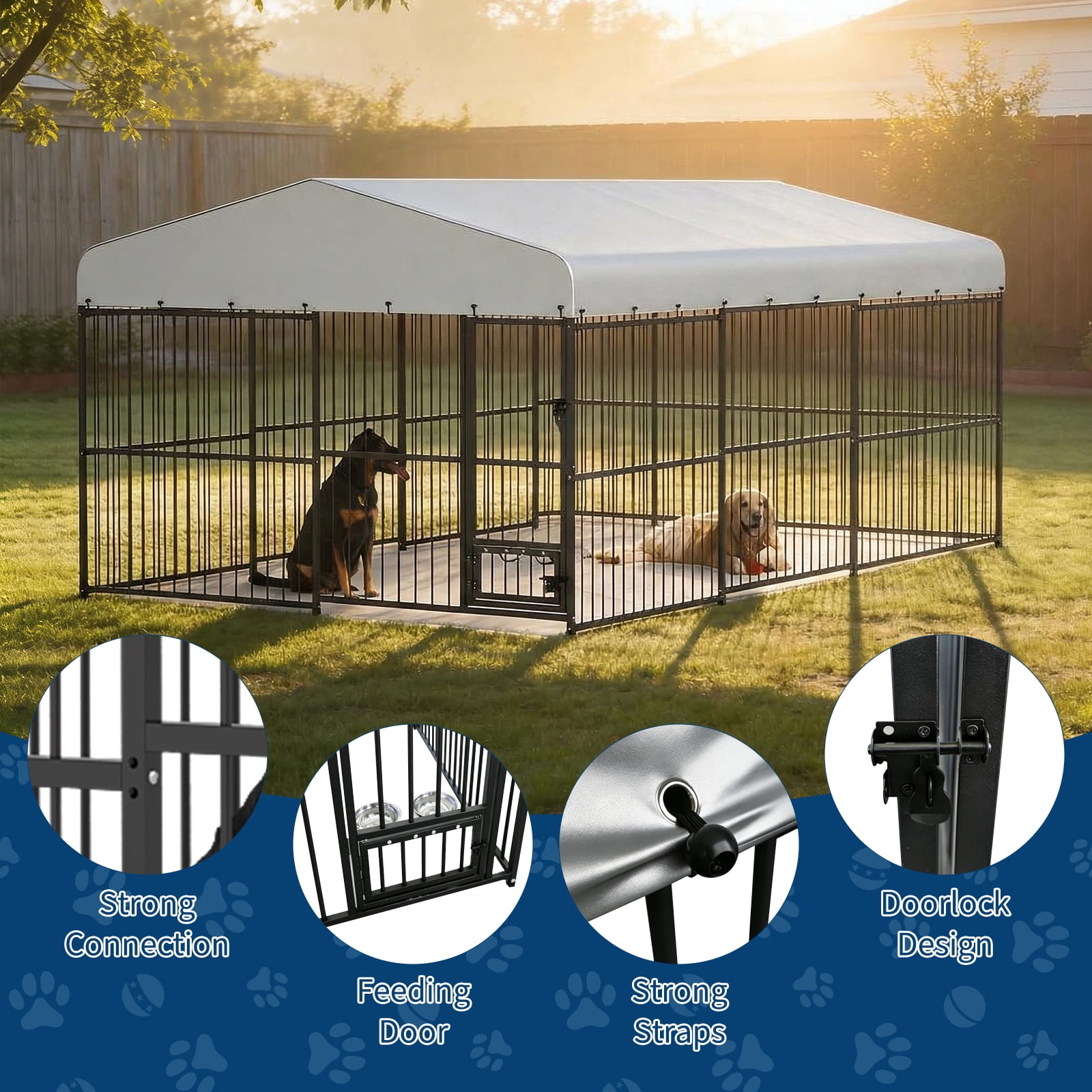 10*15FT Heavy Duty Outdoor Dog Kennel, Iron Alloy Large Playpen Fence with Secure Lock, Weather Resistant Black Iron Outside Dog Run for Yard, Spacious Pet House for Garden Backyard