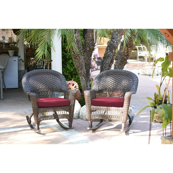 Jeco Espresso Rocker Wicker Chair with Red Cushion -  Set of 2