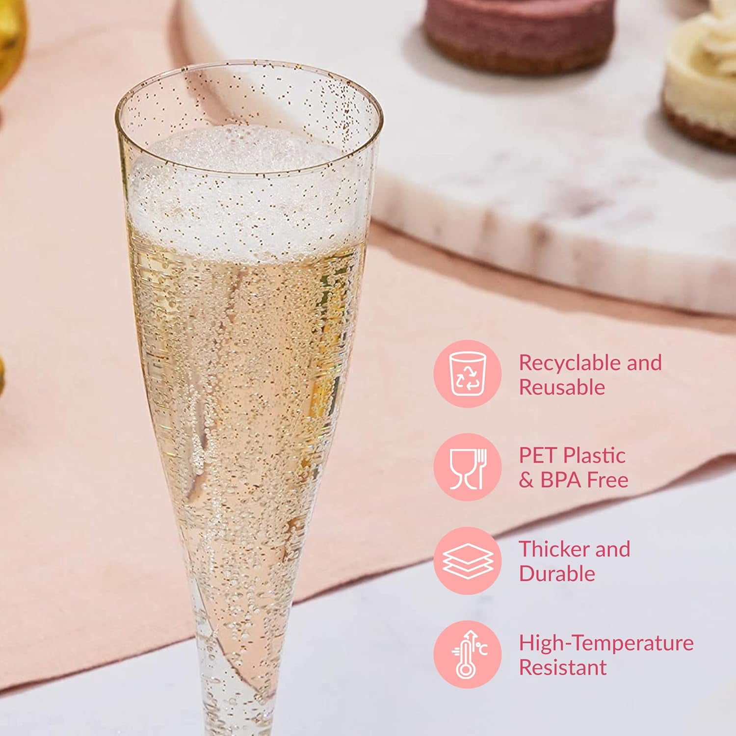 200 Disposable Champagne Flutes Gold Glitter Glasses - 6 Oz Plastic Champagne Cups for Parties, Wedding Toasts, Mimosa Bar, and New Year’s Eve - Elegant Bulk Gold Plastic Wine Flutes