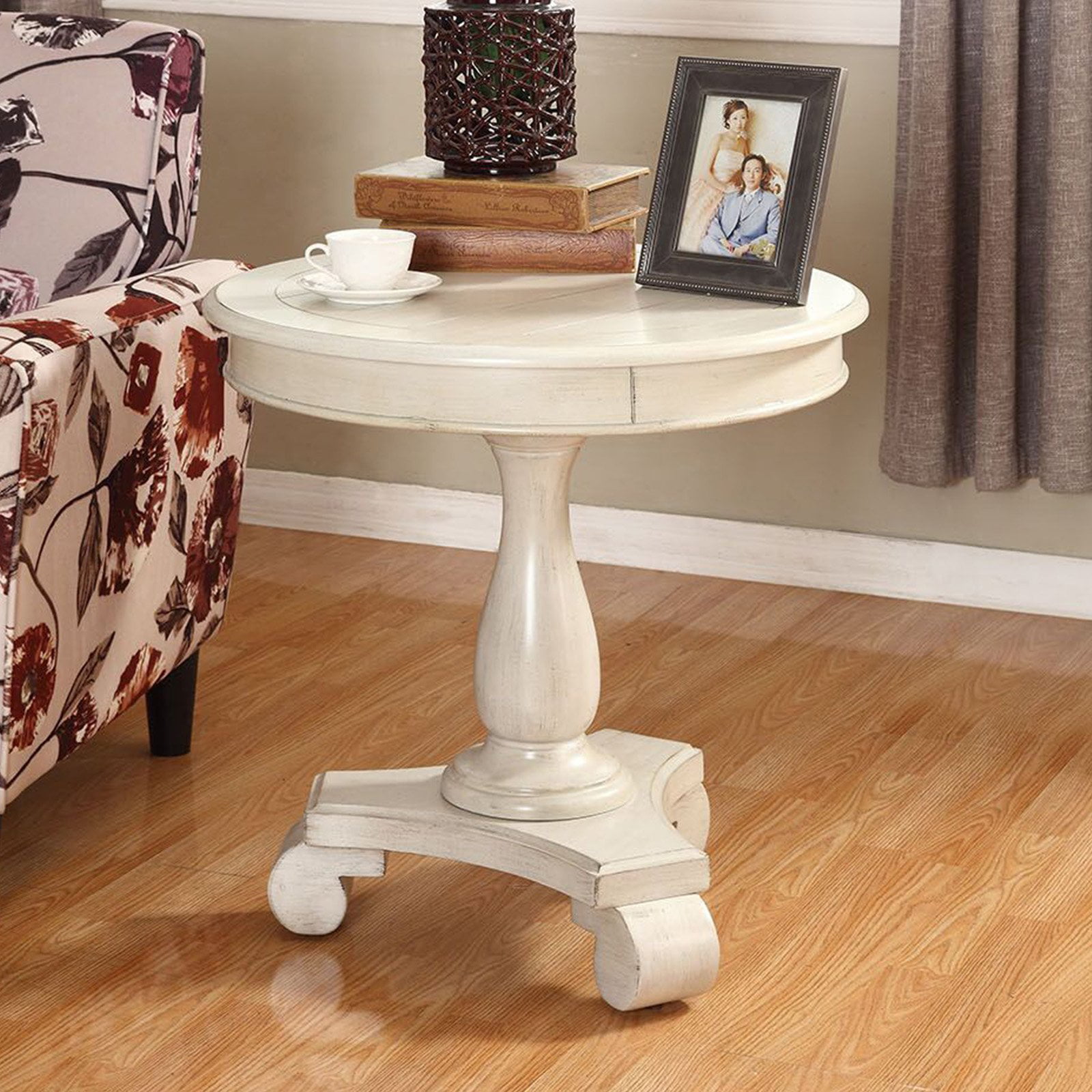 Roundhill Furniture Rene Round Wood Pedestal Side Table, White