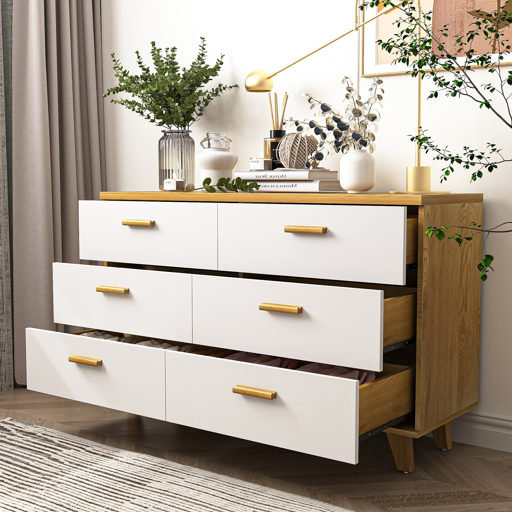 Finihen 6 Drawers Chest of Dressers, Wood Double Dresser Storage Cabinet with Handle Table Leg for Bedroom, Living Room and Hallway, Beige Finihen 6 Drawers Chest of Dressers, Wood Double Dresser Storage Cabinet with Handle Table Leg for Bedroom, Living Room and Hallway, Beige