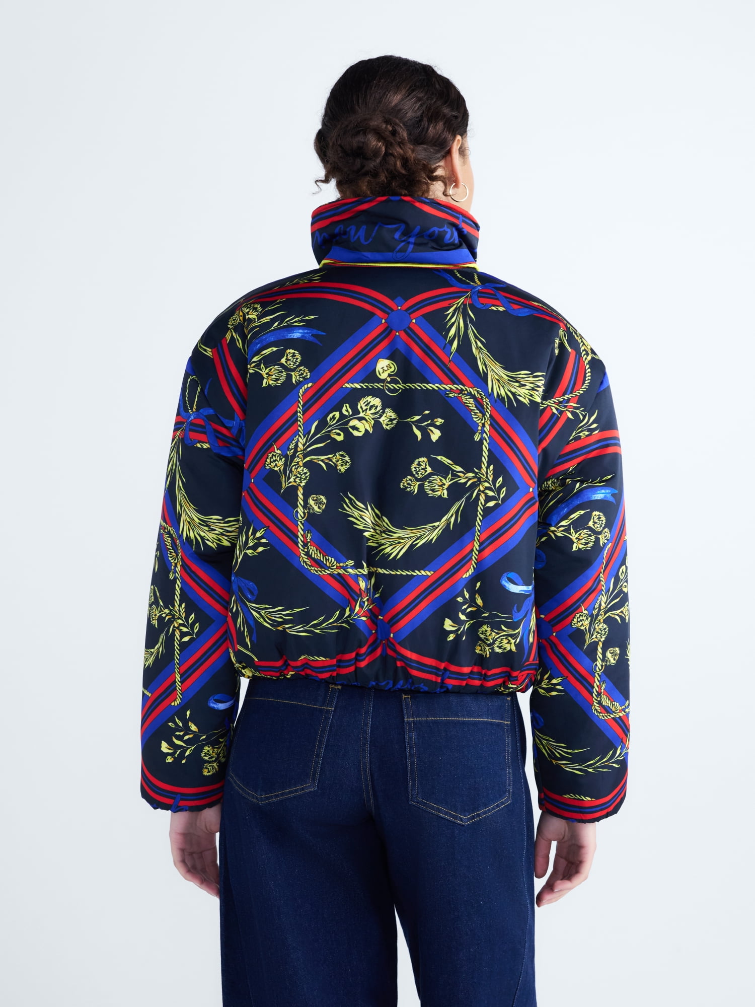 Free Assembly Women's and Women's Plus Scarf Print Balloon Puffer Jacket, Sizes XXS-4X