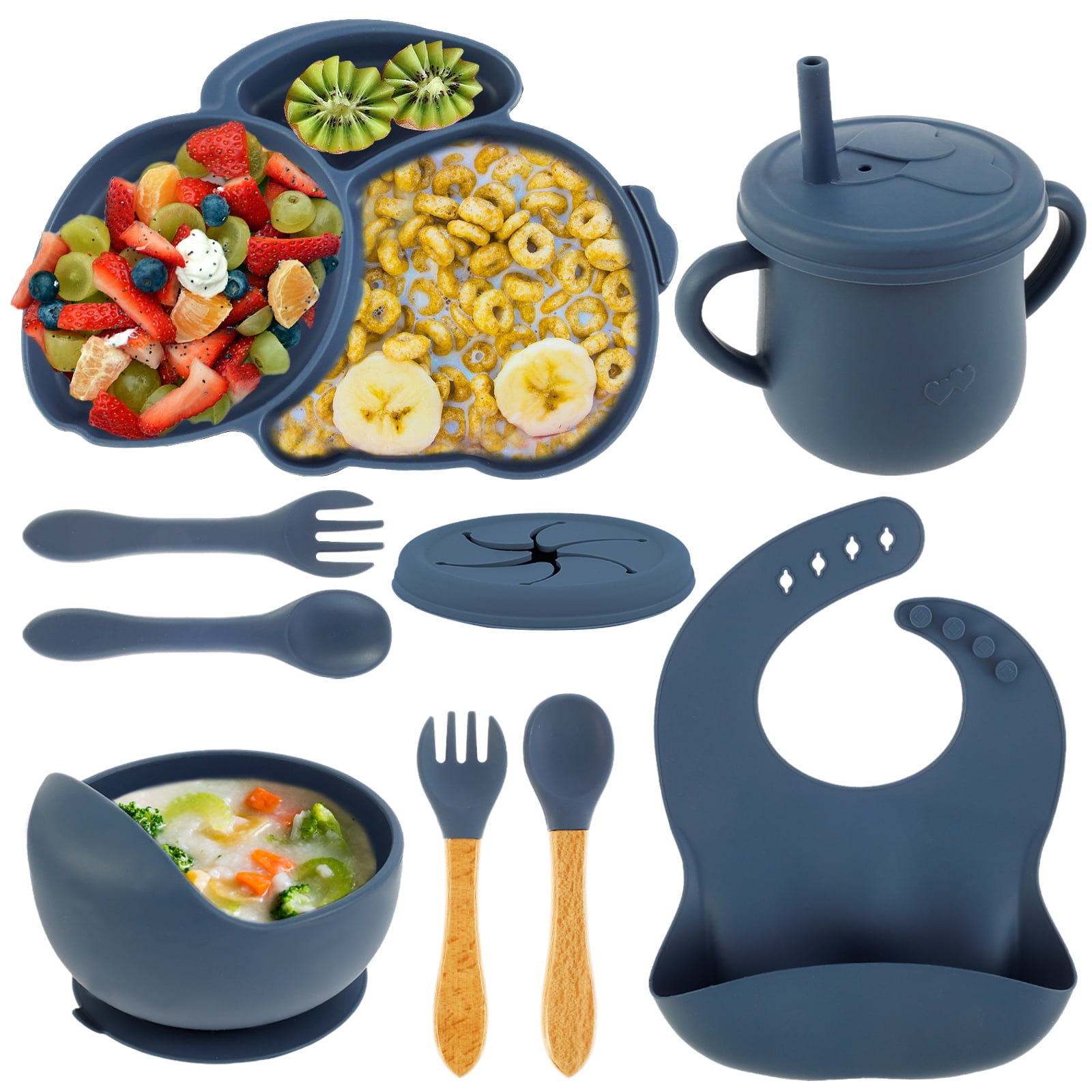 GUSTVE 9 Pcs Baby Feeding Set Silicone Baby Plate and Bowl Set with