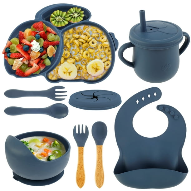 GUSTVE 9 Pcs Baby Feeding Set Silicone Baby Plate and Bowl Set with