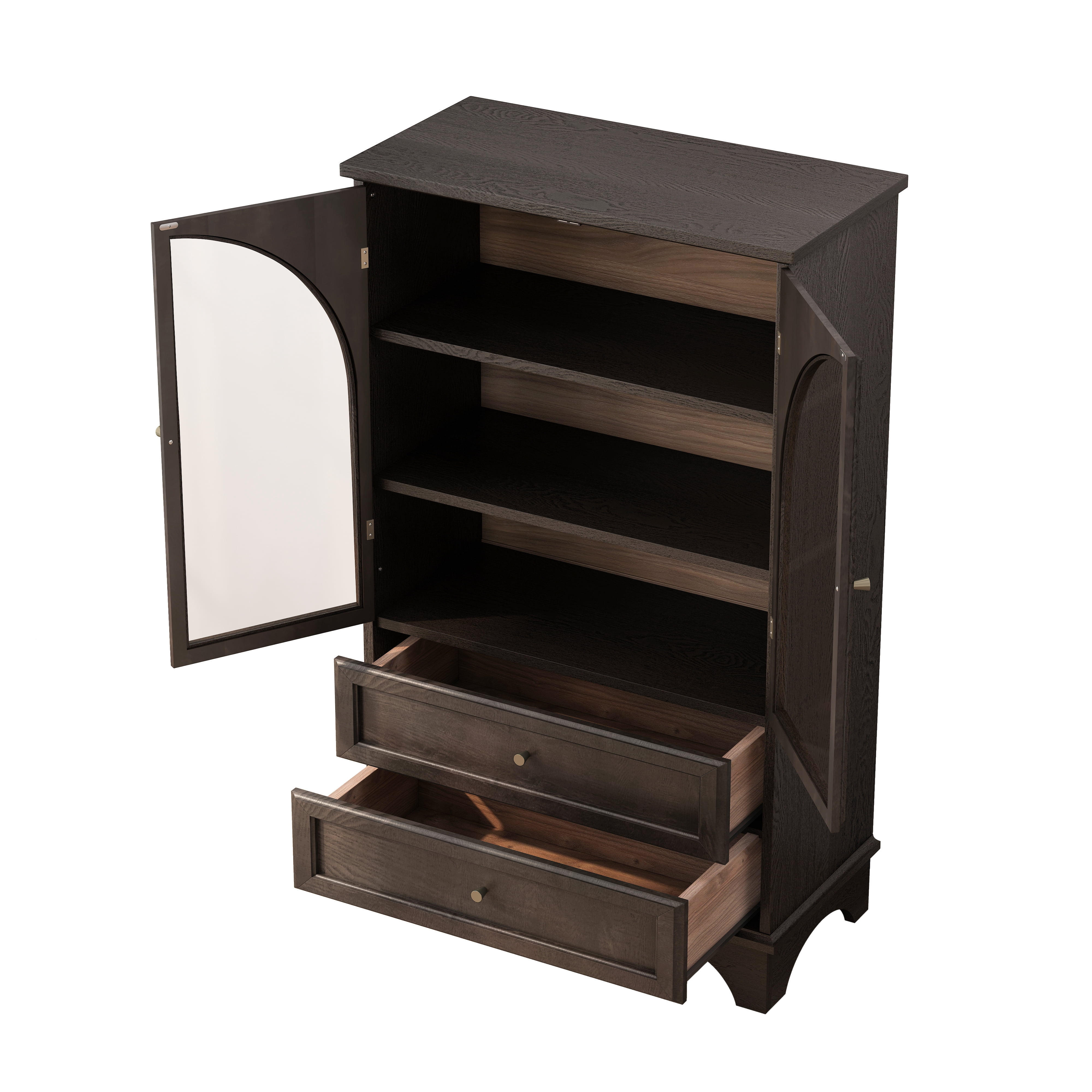 52.17"H Glass Door Display Case Storage Cabinet with 2 Drawers and Adjustable Shelf, Spacious Storage Solutions, Curio Cabinet for Living Room, Bedroom, Kitchen and Office, Brown
