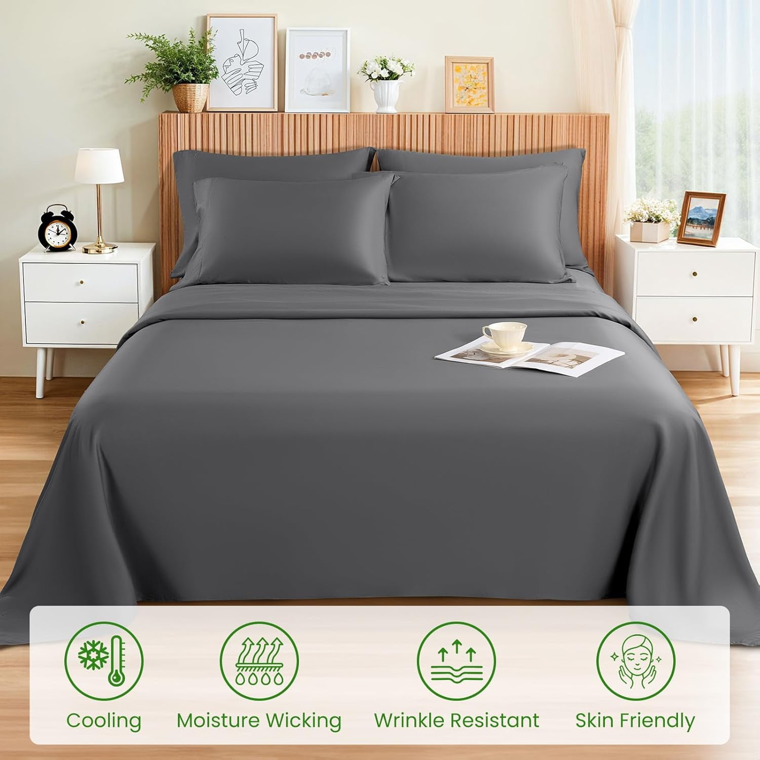 Cooling Bed Sheet 100% Viscose Derived from Bamboo Sheet Set 4 Piece Queen Size,Fit Up to 16" Deep Mattress, 1800 TC Sheet Super Soft Silky Smooth,Breathable Cool Bedding (Queen Olive Green)