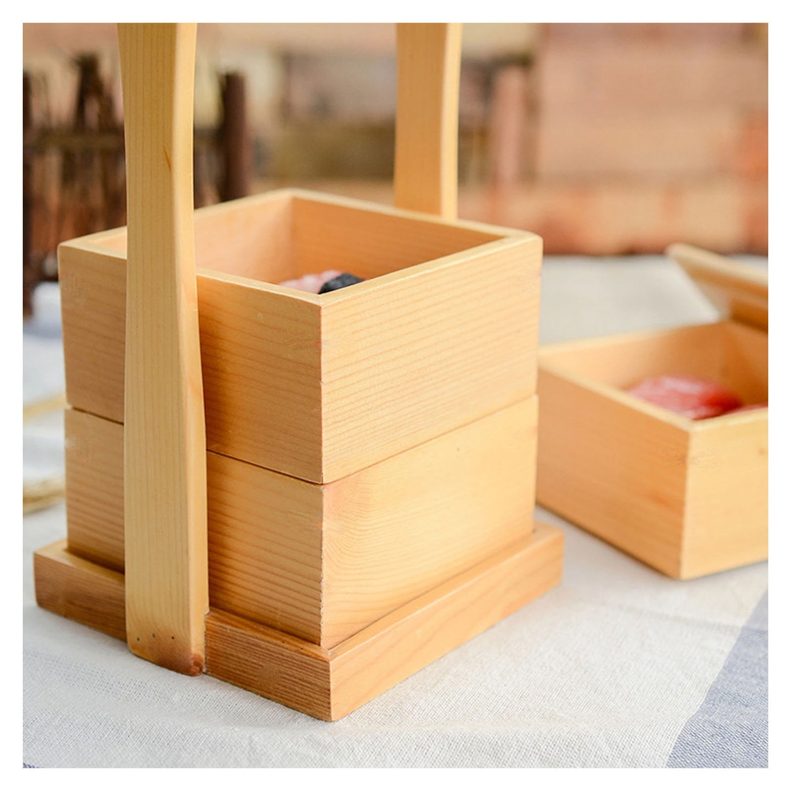 Portable Bento Box with Handle, Vintage Japanese Wooden Lunch Boxes for Food Prep Containers, Traditional Sushi Box for Home, Outdoor Picnic Farmhouse Wooden