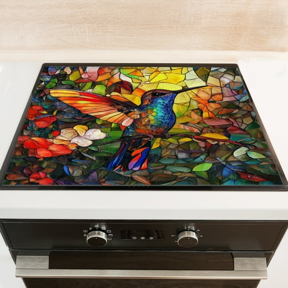 Silicone Stove Mat for Glass Top Stove, Colorful Stained - Glass Hummingbird Electric Stove Cover Mat, 28 x 20 Inch Heat - Resistant Gas Gtove Burner Covers Glass Stove Top Protector