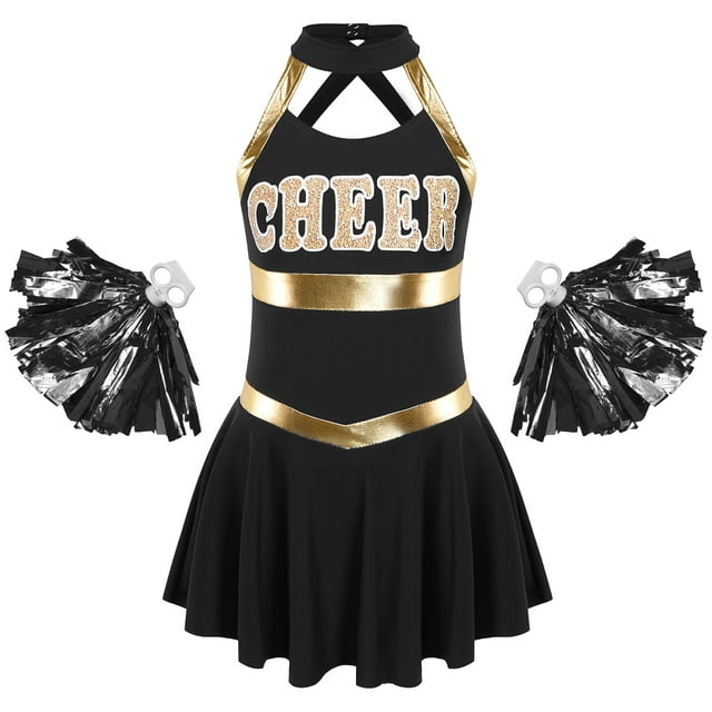 vastwit Costume de Pom-Pom Girl pour Filles Sans Manches à Lettres Imprimées Uniforme de Cheerleading Robe Plissée avec Pompons Noir 6
