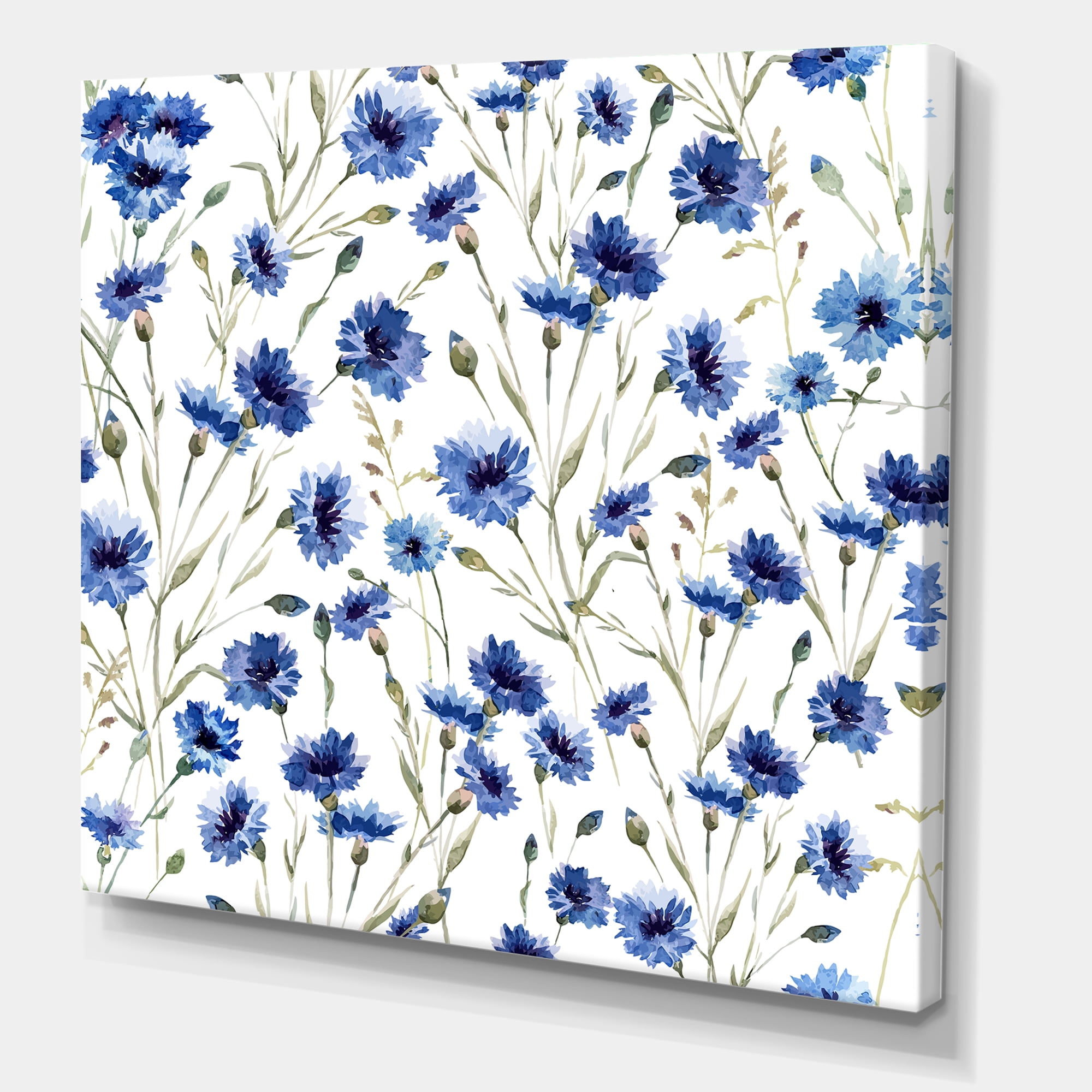 Designart ' Blue Wildflowers With Green Leaves On White ' Traditional Canvas Wall Art Print