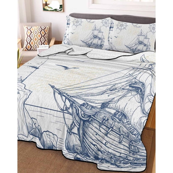 Nautical Ship Lighthouse King Size Down Alternative Comforter, Lightweight Comforter Quilt Bedding Set with Pillow Shams Ocean Anchor Rudder Lines Art All Seasons Bed Comforter Duvet Insert 96"x106"