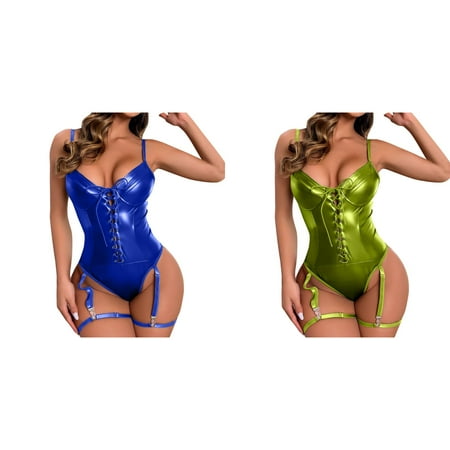 (2-Pack) Kcodviy for Women 1 Sleepwear Pc Leather Teddy Bodysuit Cutout off Shoulder Conjoined Pu Lace Up Garter Teddy Bodysuit with 1Pair Leg Ring