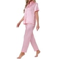 thumbnail image 4 of INSPIRE CHIC Womens Satin Pajama Set Silky Button Down Short Sleeve Lapel Shirt and Pants 2 Piece Loungewear Sets XL Pink, 4 of 6