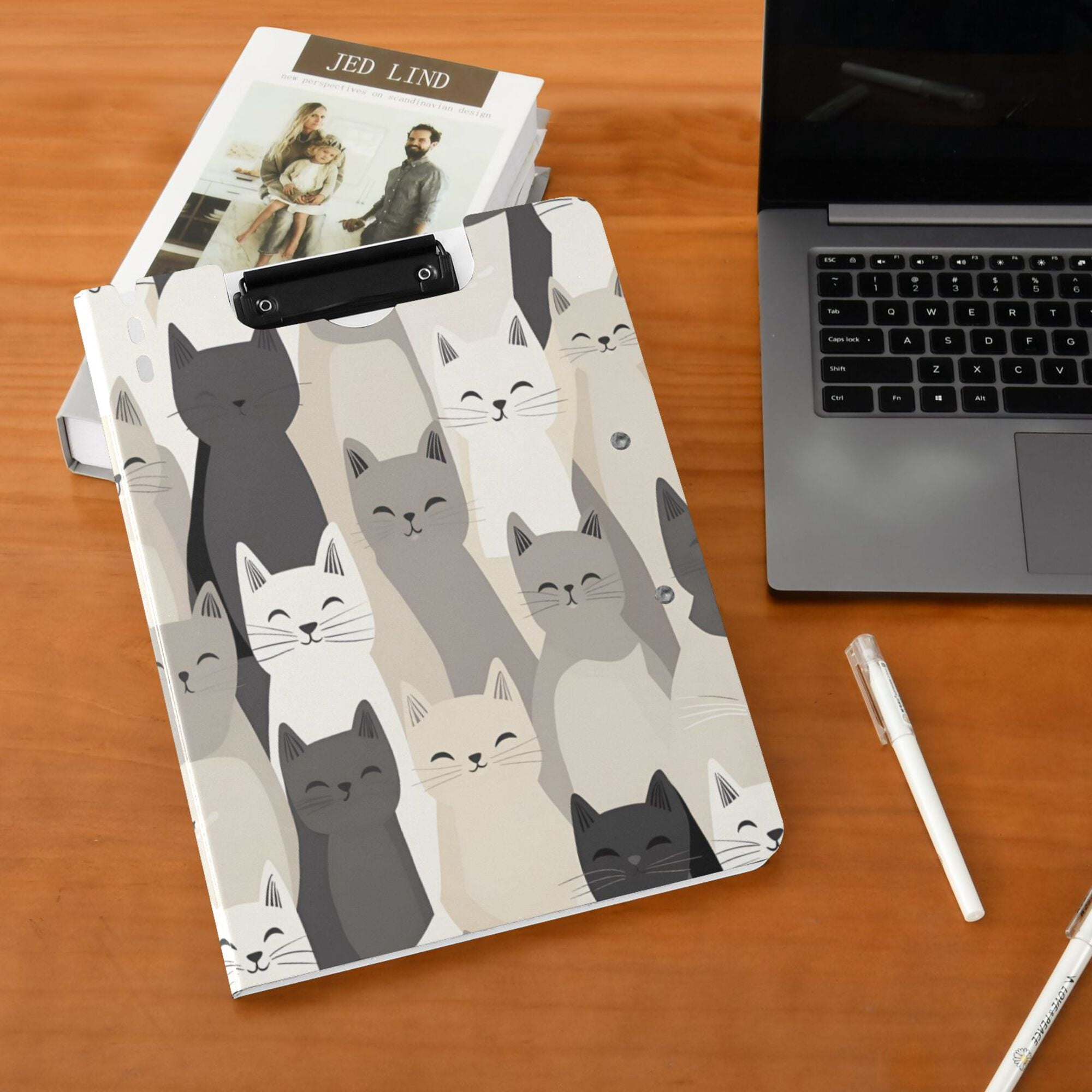 FORMRS A4 Clipboard Folder with Pen Holder Horizontal Foldable School Office Binder, Beige Cute Cats
