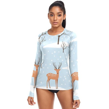 Deers Winter Snow Trees Women's Rash Guard Shirts UPF 50+ Sun Protection Clothing Long Sleeve Swim Suits XS