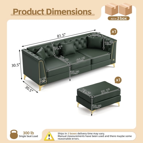 81.5" Light Luxury Modular Chesterfield Sofa Set, 4-Piece Faux Leather Couch with 3-Seater, Handmade Button Tufting, Metal Trim Armrests, Thin Metal Legs, Includes 3 Pillows, Green