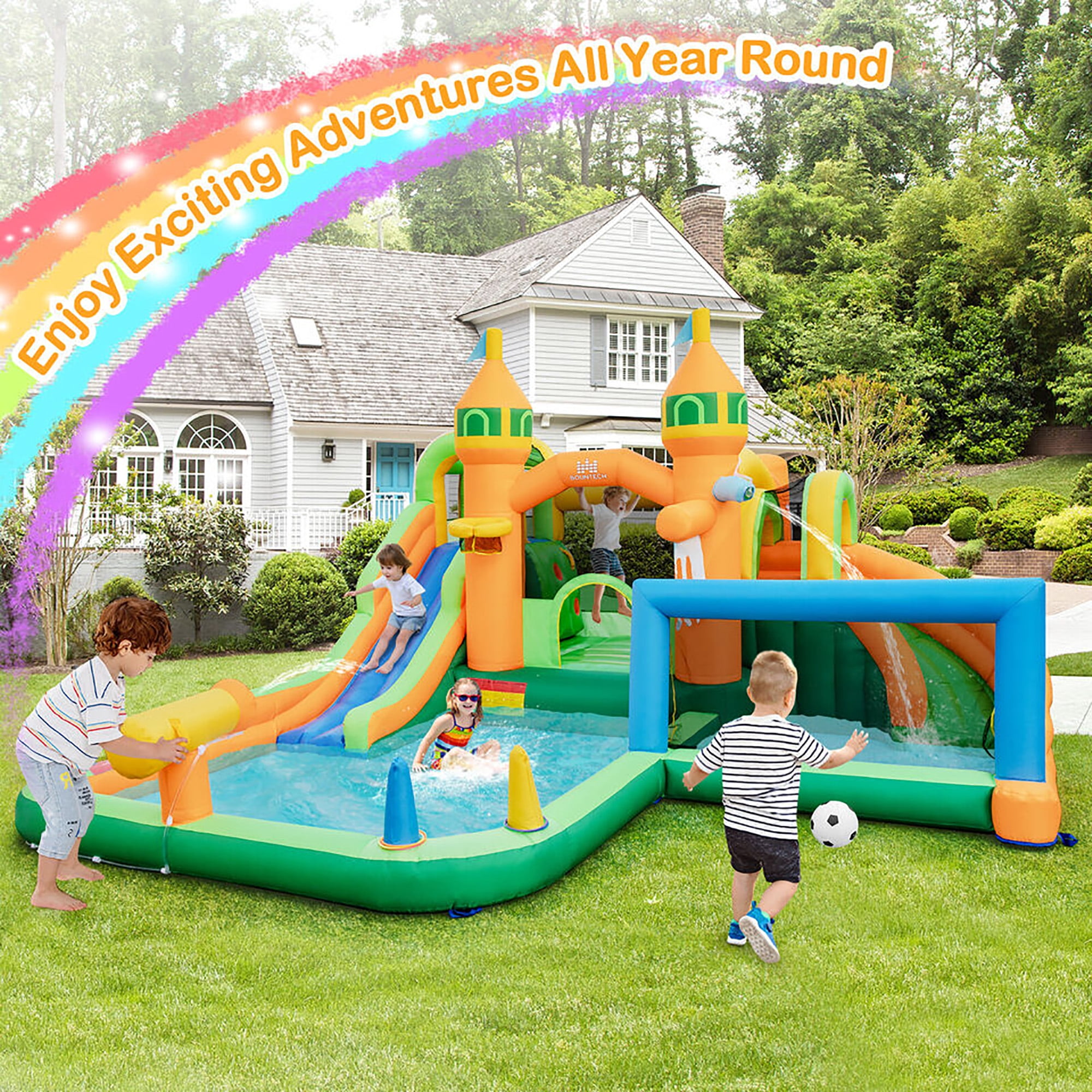 Gymax Kids Inflatable Water Slide Park w/735W Blower Basketball Rim Wet Dry Combo