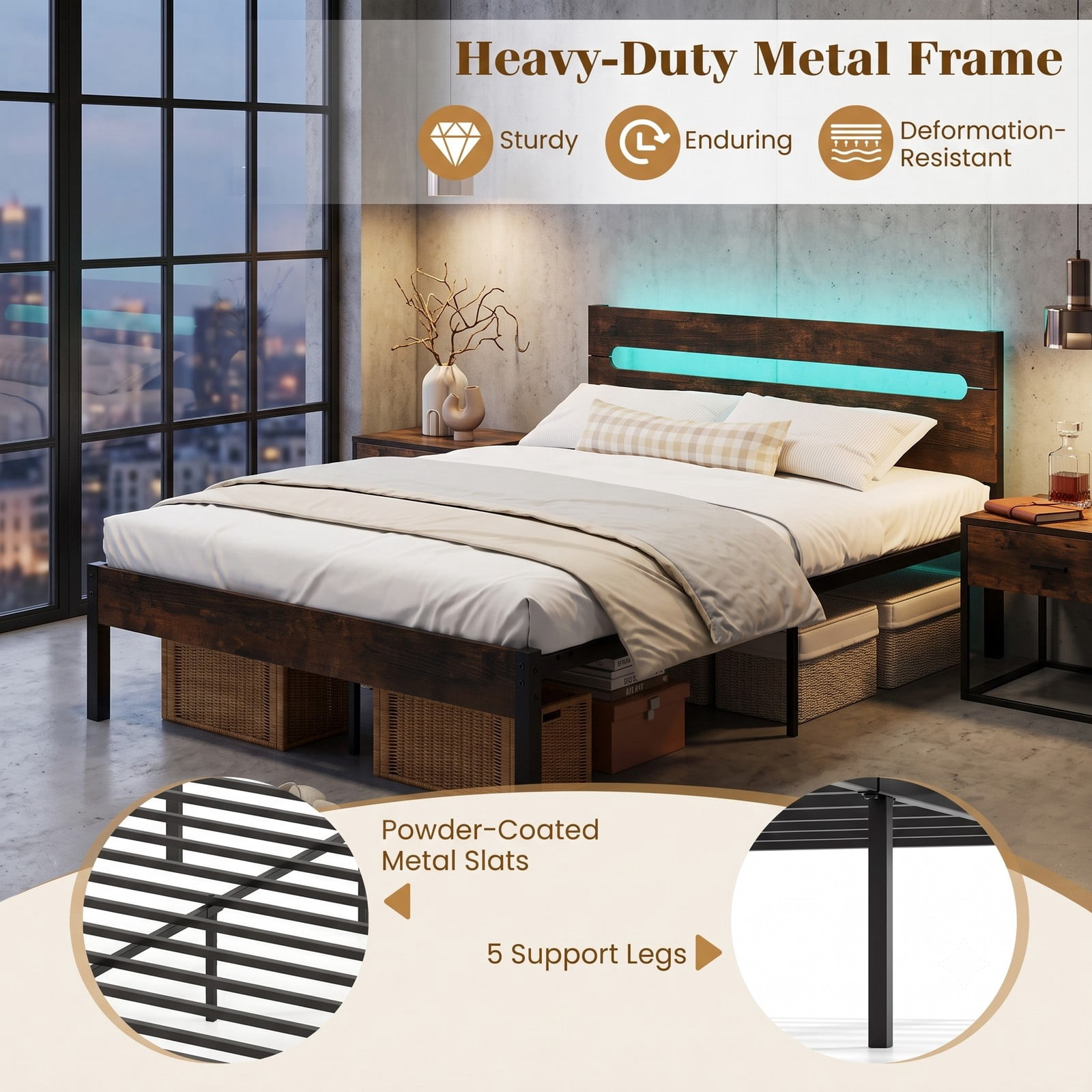 Furnibear Full Size Bed Frame Metal Platform Bed Frame with LED Lights Wood-Grain Headboard and USB Charging Station, Rustic Brown