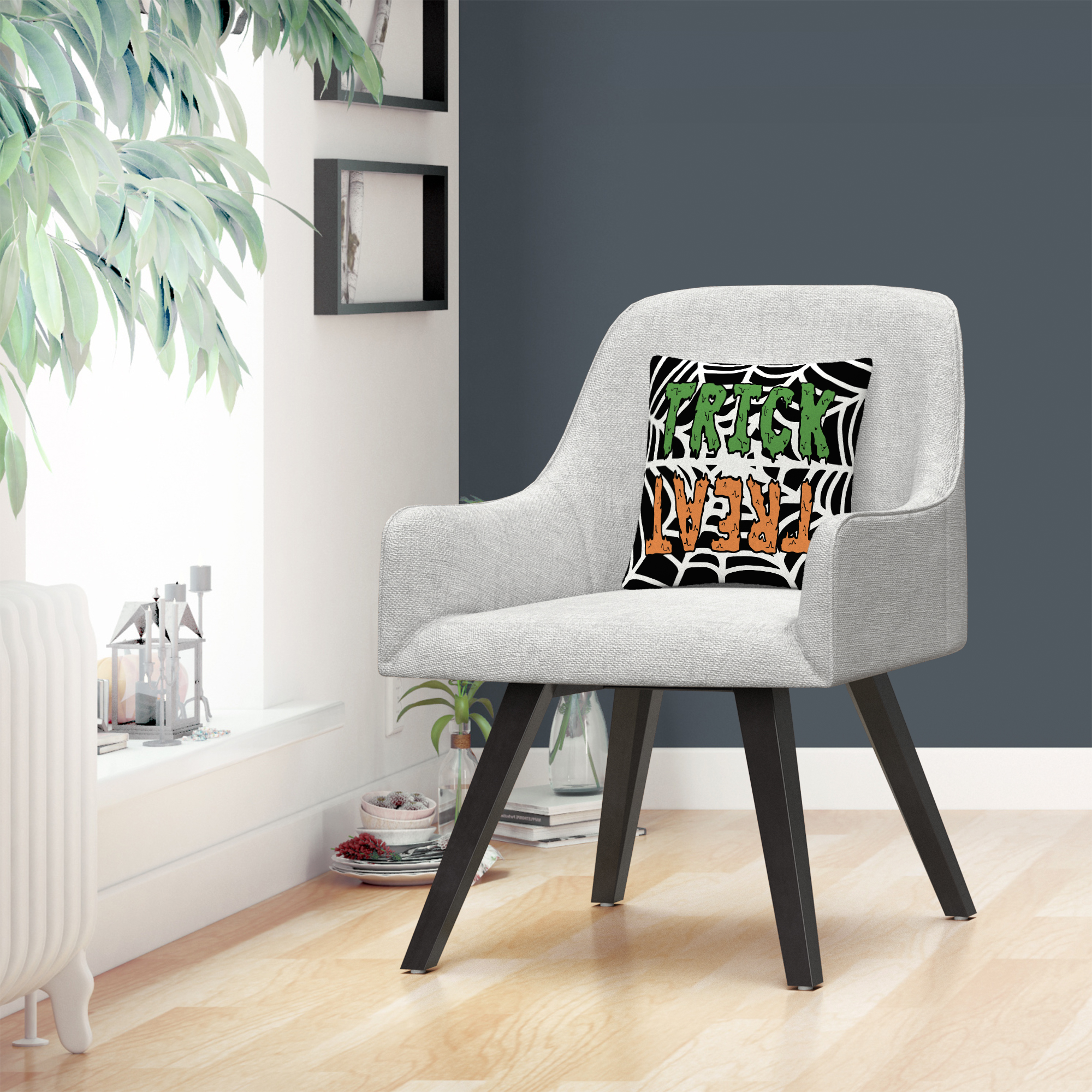 Trick Or Treat Web Green Orange Halloween By Abc 16 X 16 Decorative Throw Pillow